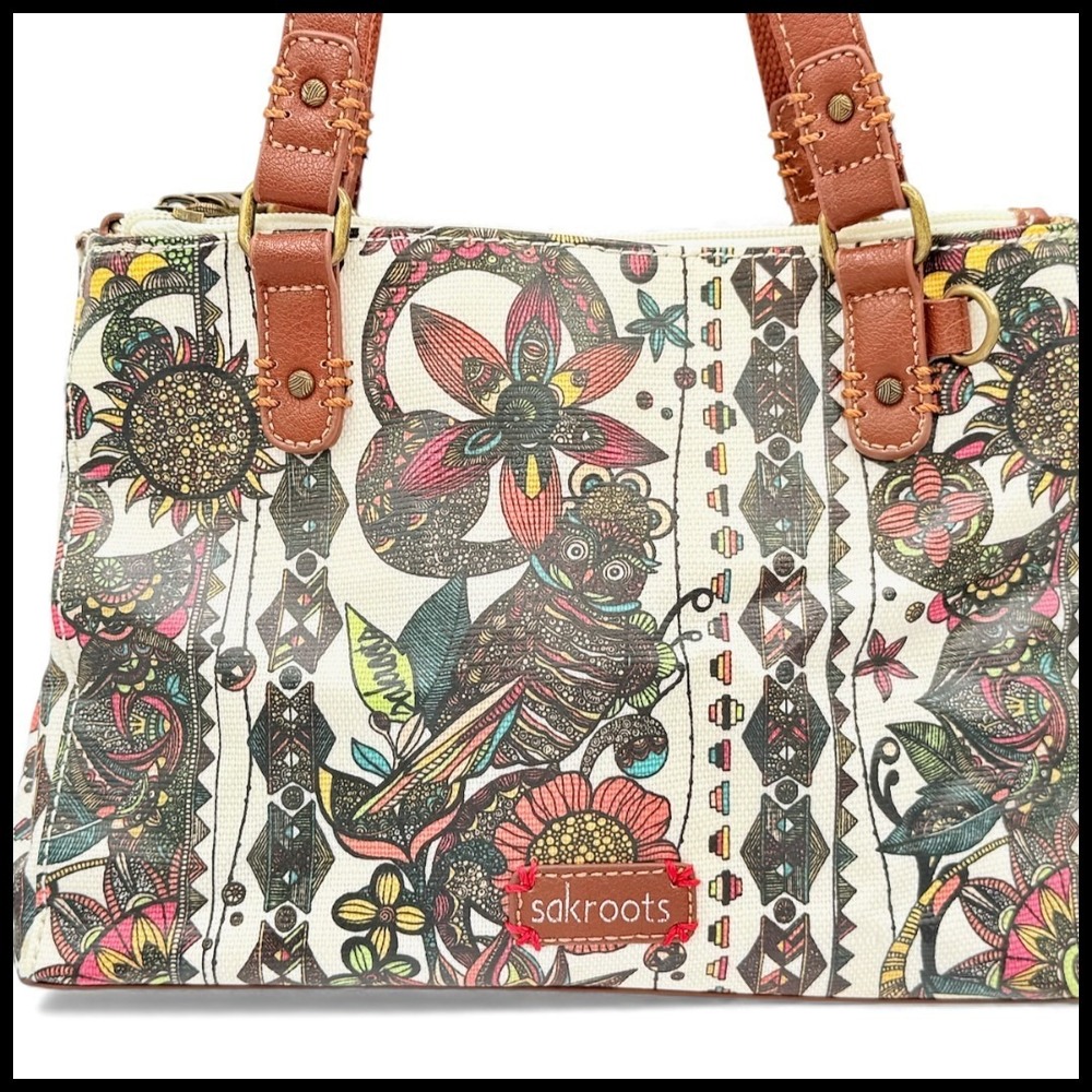 Sakroots Artist Circle Small Satchel Owl Floral Print Handbag‎ Oilcloth Coated